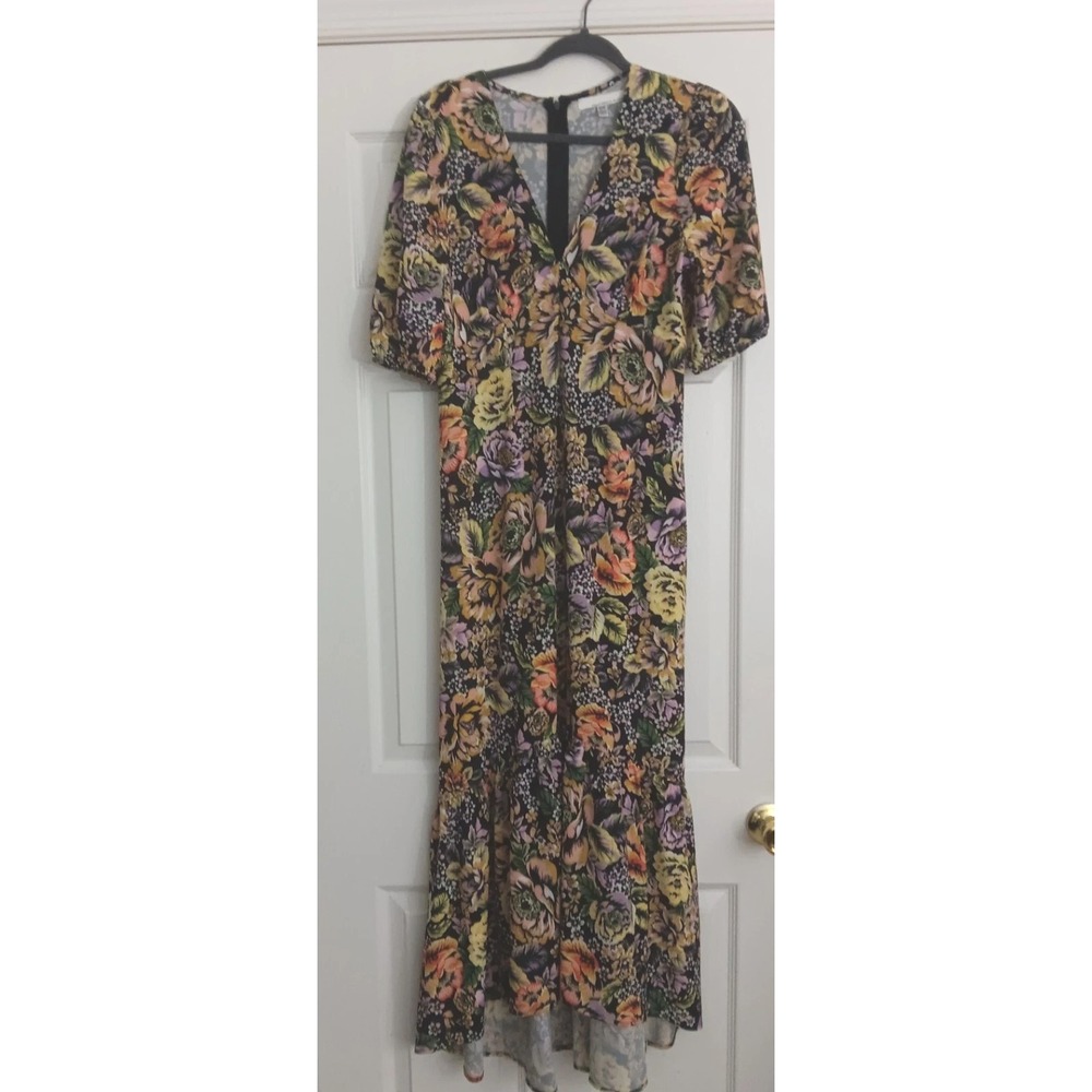 Fourteenth Place Maxi Dress Women's Size M Black Floral Hi Low Zip Up Pre-owned